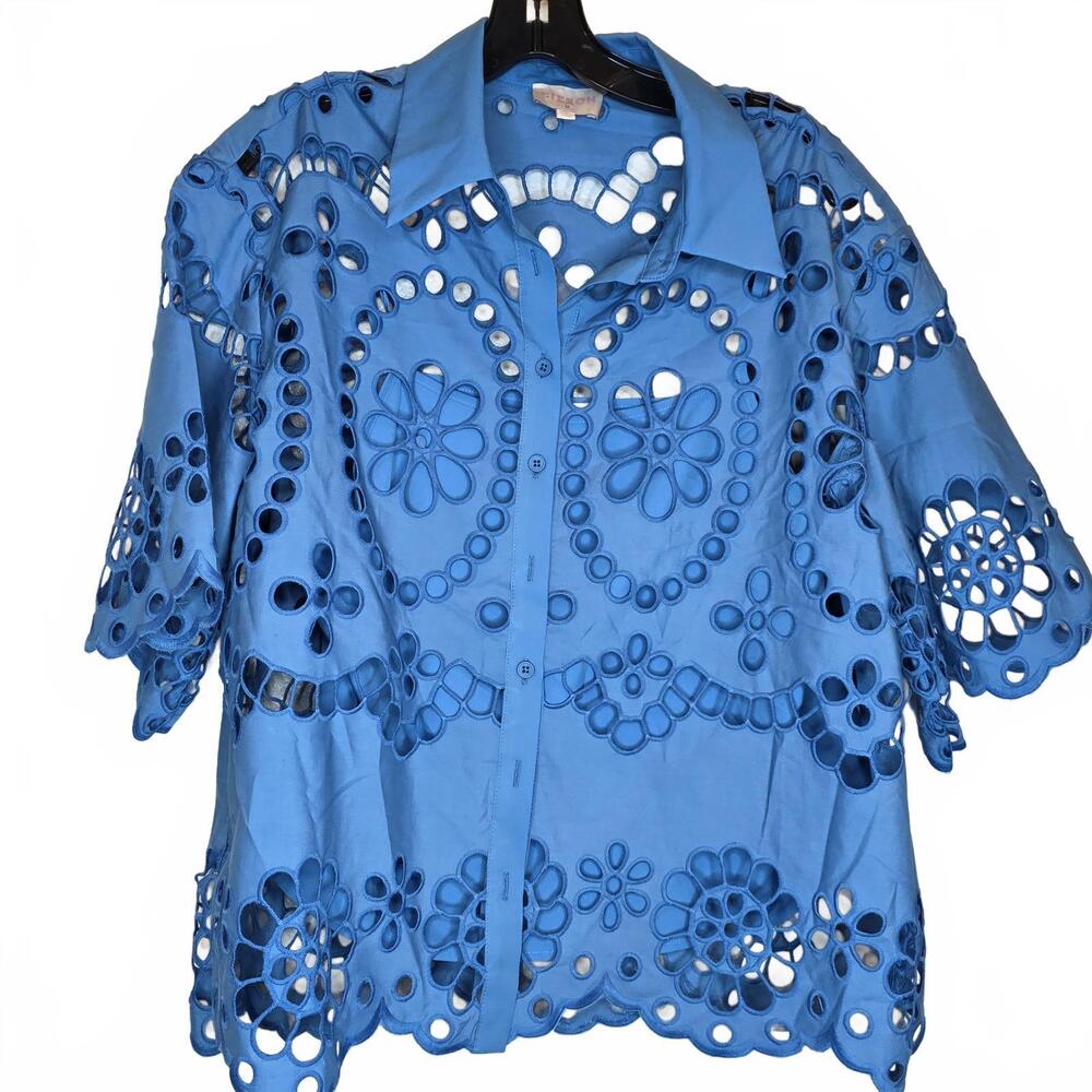 Ciebon Maiea Embroidered eyelet lace Short Set collared Blue Women's Medium